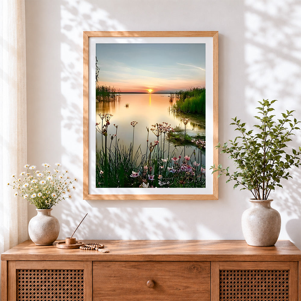 Finished serene wildflower lake cross stitch artwork displayed
