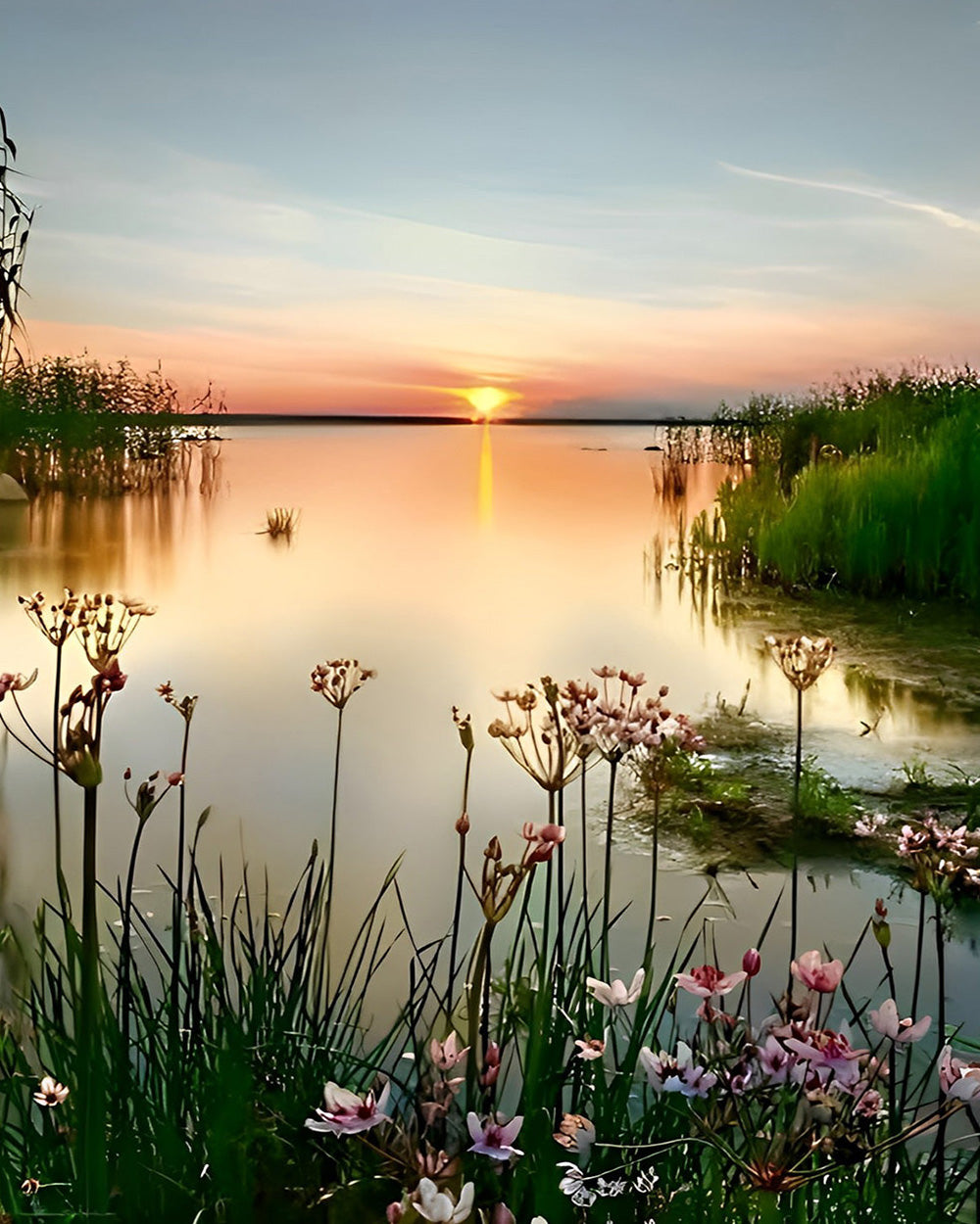 Serene wildflower lake cross stitch kit for beginners