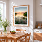 Serene wildflower lake cross stitch artwork displayed on wall as home decor
