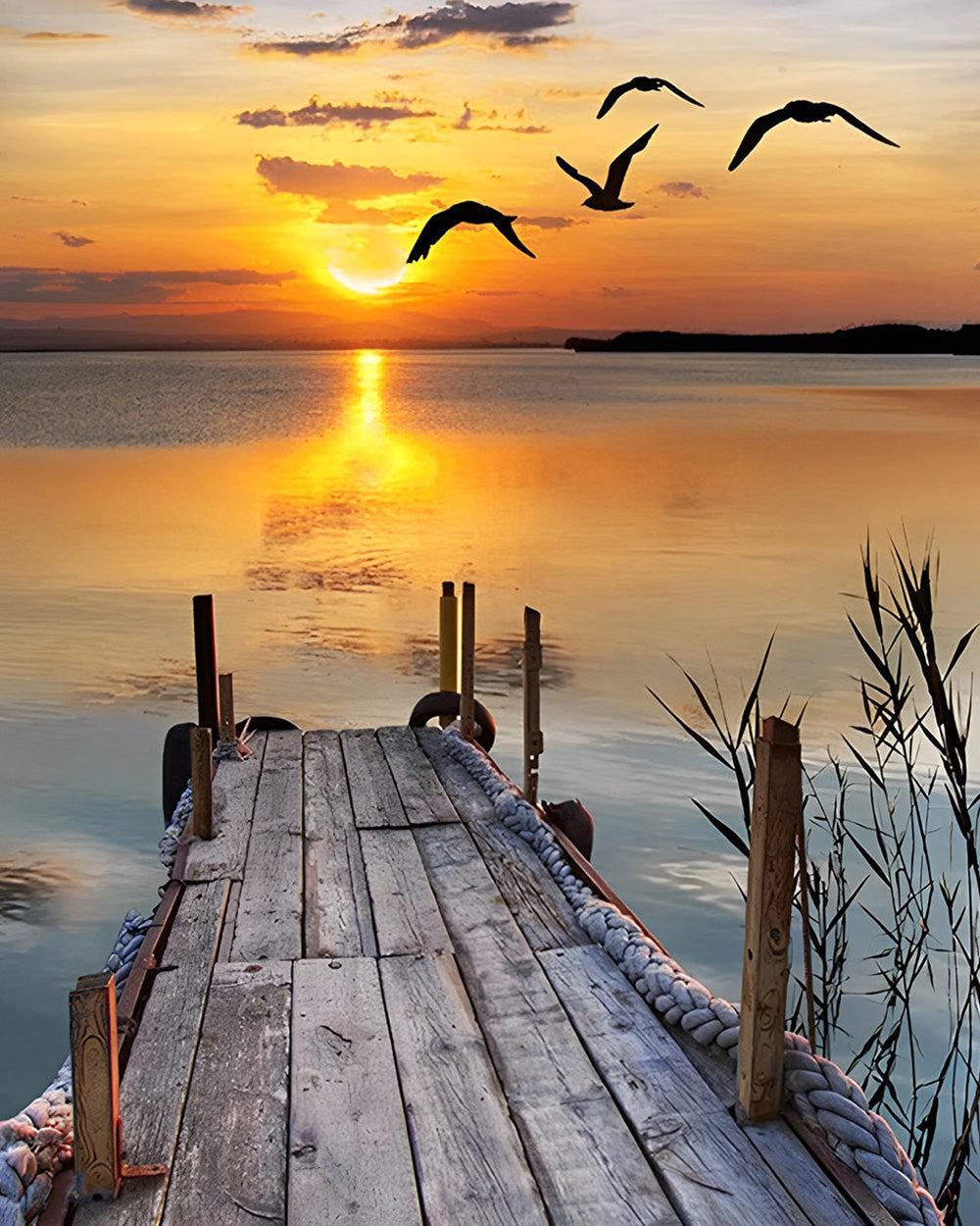 Serene wooden pier sunset cross stitch kit for beginners
