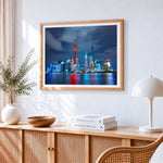 Shanghai skyline at night cross stitch artwork displayed on wall as home decor
