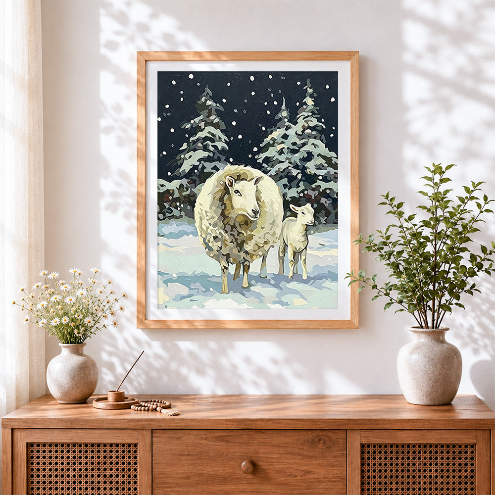 Finished sheep and lamb in snow cross stitch artwork displayed