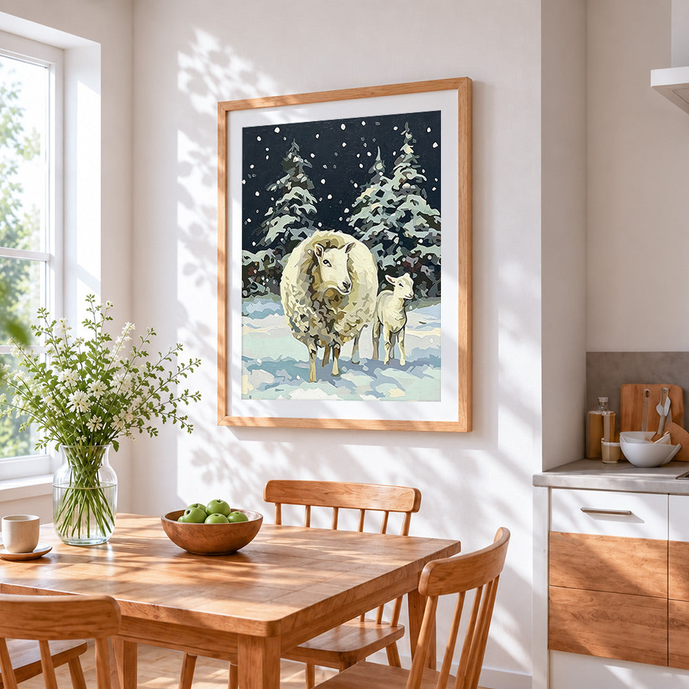 Sheep and lamb in snow cross stitch artwork displayed on wall as home decor