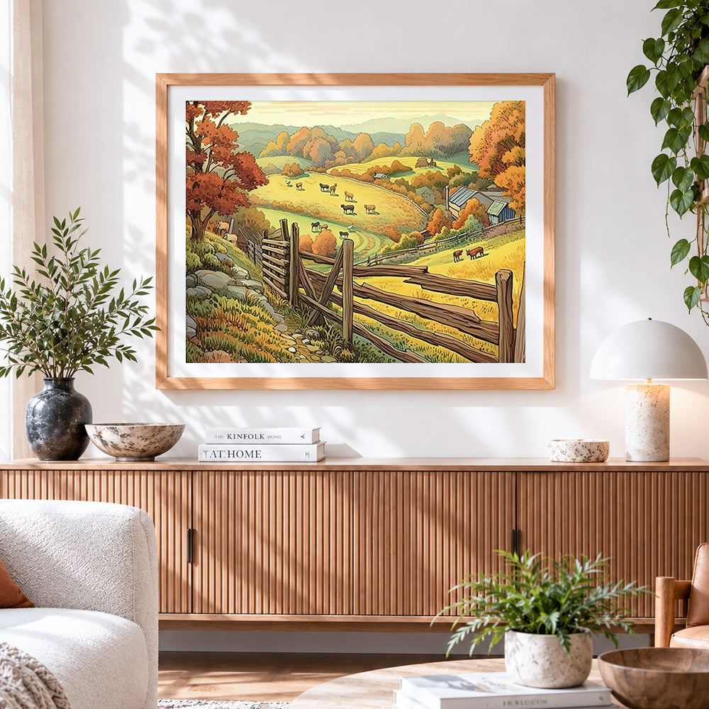 Finished sheep grazing on autumn hills cross stitch artwork displayed