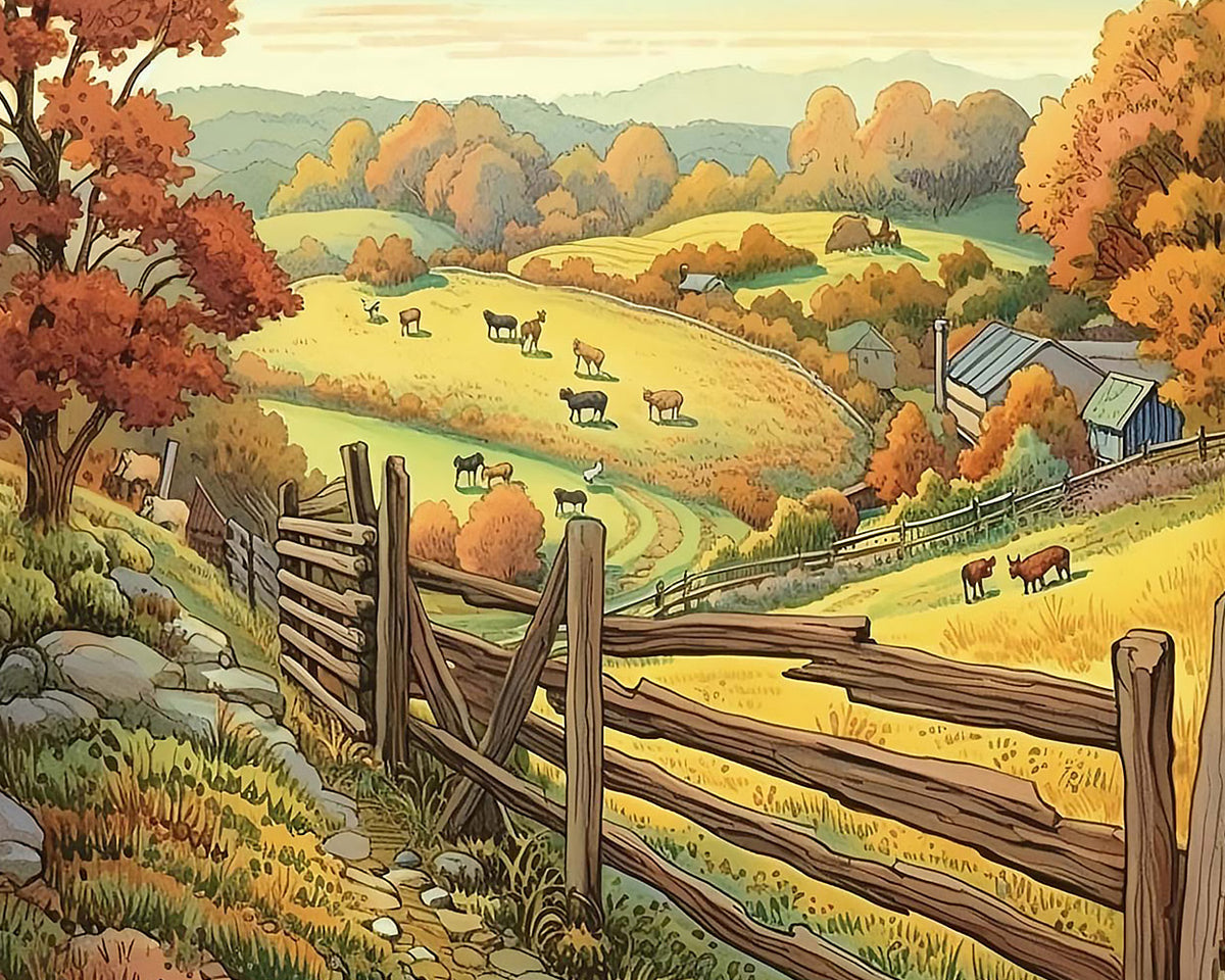 Sheep grazing on autumn hills cross stitch kit for beginners