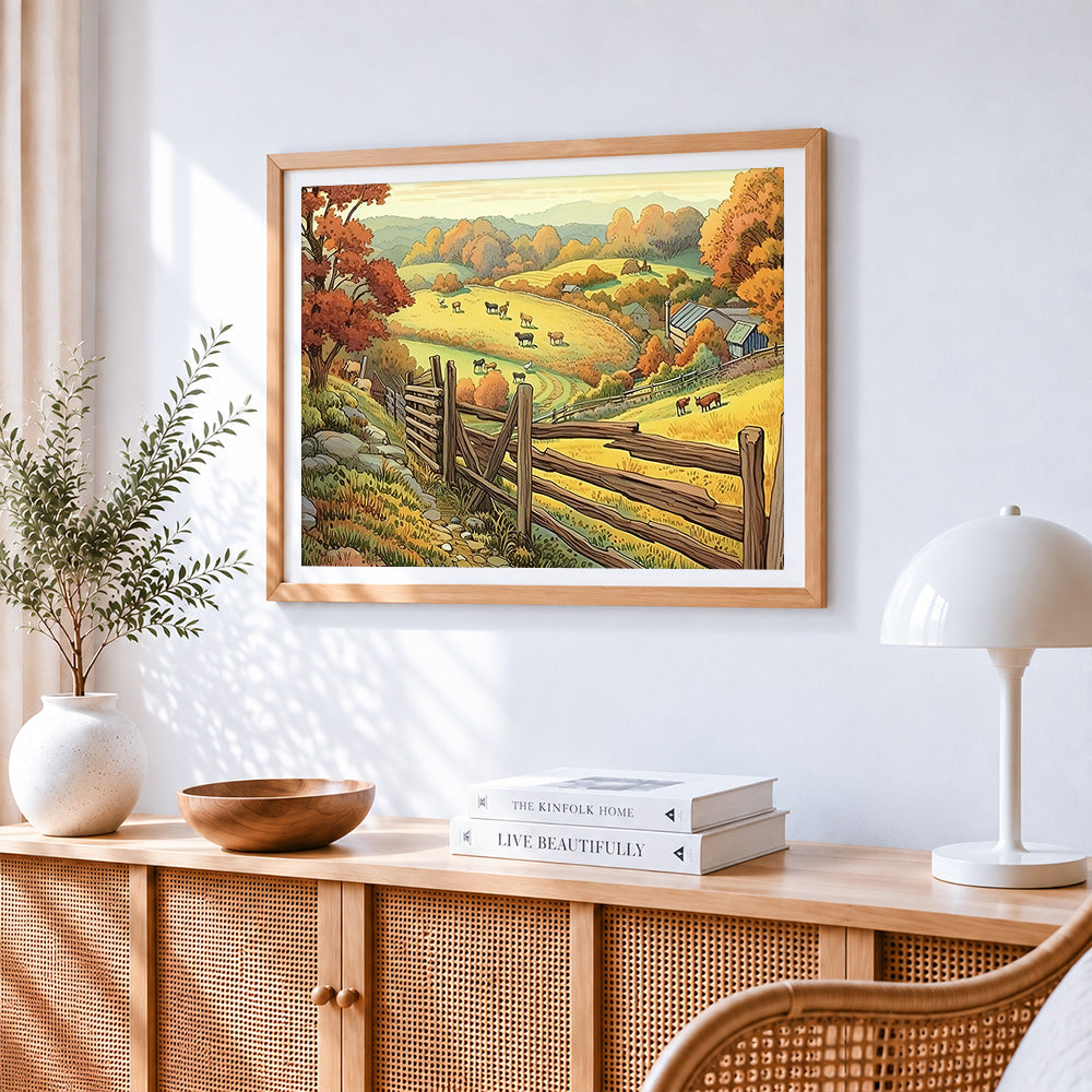 Sheep grazing on autumn hills cross stitch artwork displayed on wall as home decor