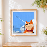 Finished shiba inu watching an aeroplane cross stitch artwork displayed