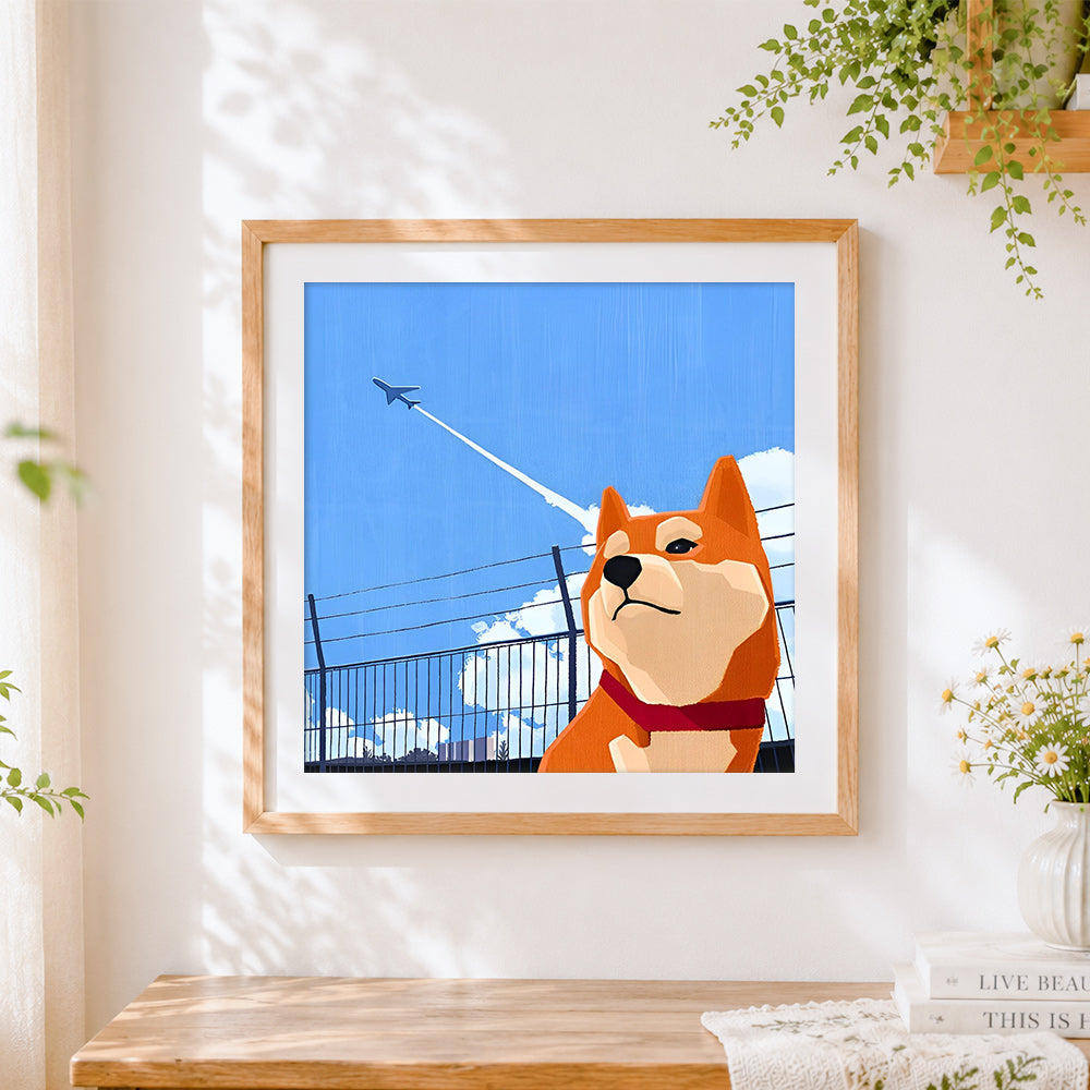 Finished shiba inu watching an aeroplane cross stitch artwork displayed