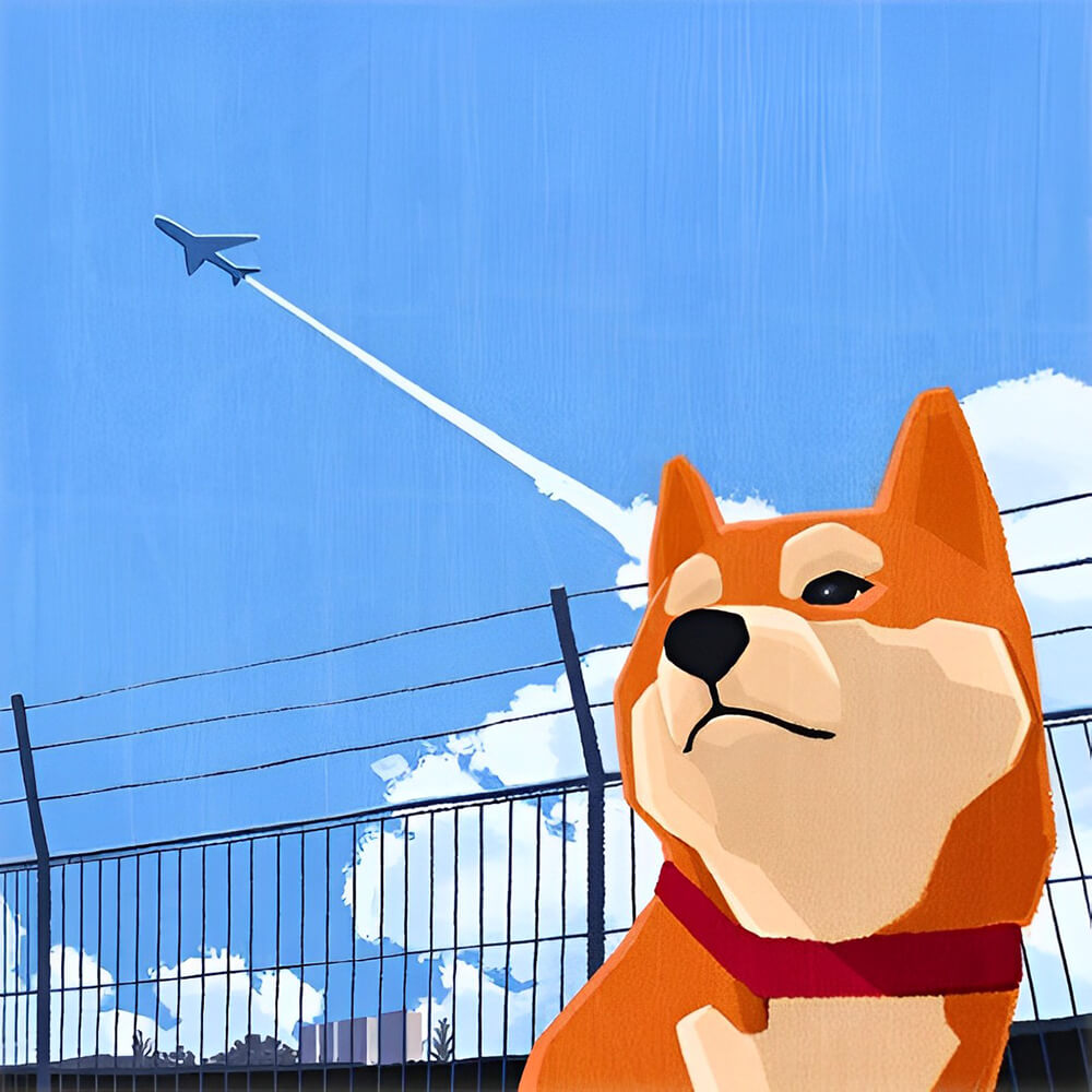 Shiba inu watching an aeroplane cross stitch kit for beginners