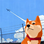 Shiba inu watching an aeroplane cross stitch kit for beginners