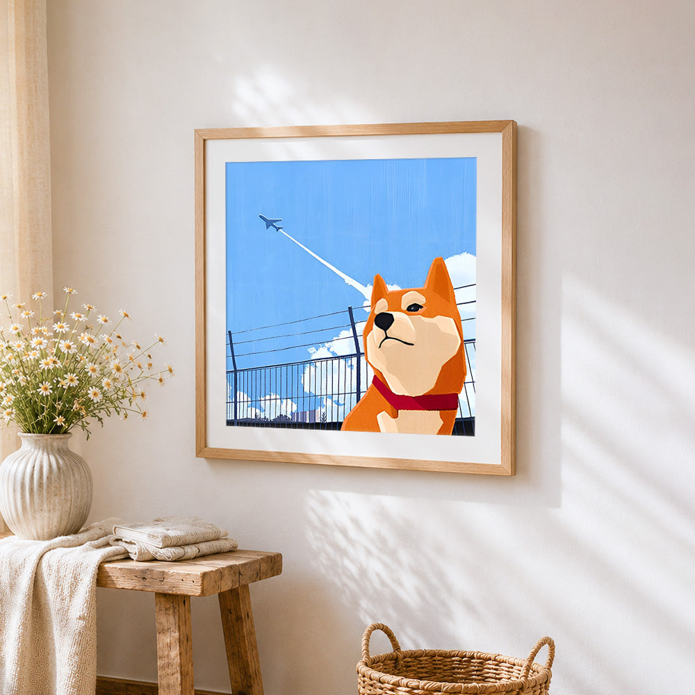 Shiba inu watching an aeroplane cross stitch artwork displayed on wall as home decor