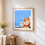 Shiba inu watching an aeroplane cross stitch artwork displayed on wall as home decor