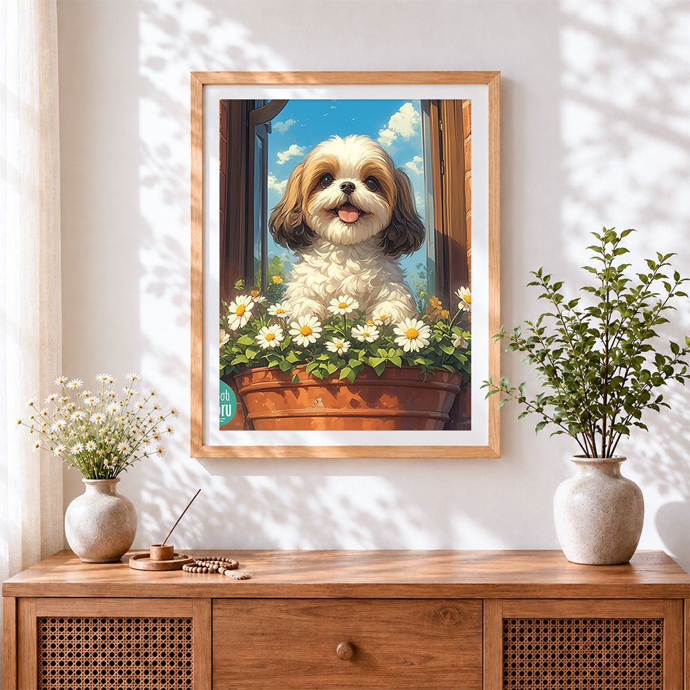 Finished shih tzu among the daisies on the windowsill cross stitch artwork displayed