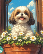 Shih tzu among the daisies on the windowsill cross stitch kit for beginners