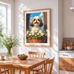 Shih tzu among the daisies on the windowsill cross stitch artwork displayed on wall as home decor