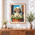 Finished shih tzu among the daisies on the windowsill paint by numbers artwork displayed as home decor