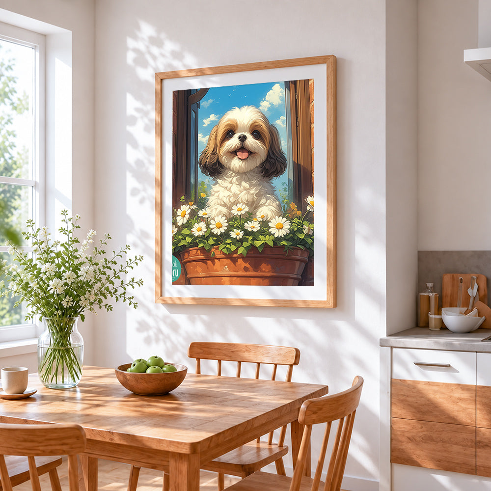 Shih tzu among the daisies on the windowsill paint by numbers artwork displayed on wall as home decor