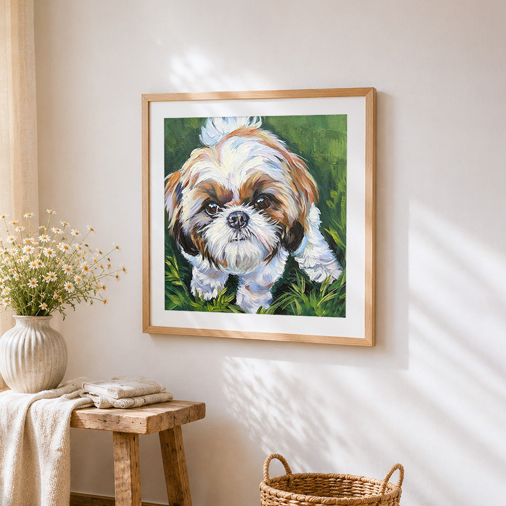 Shih tzu puppy portrait cross stitch artwork displayed on wall as home decor