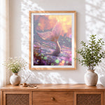 Finished shimmering mermaid tail cross stitch artwork displayed