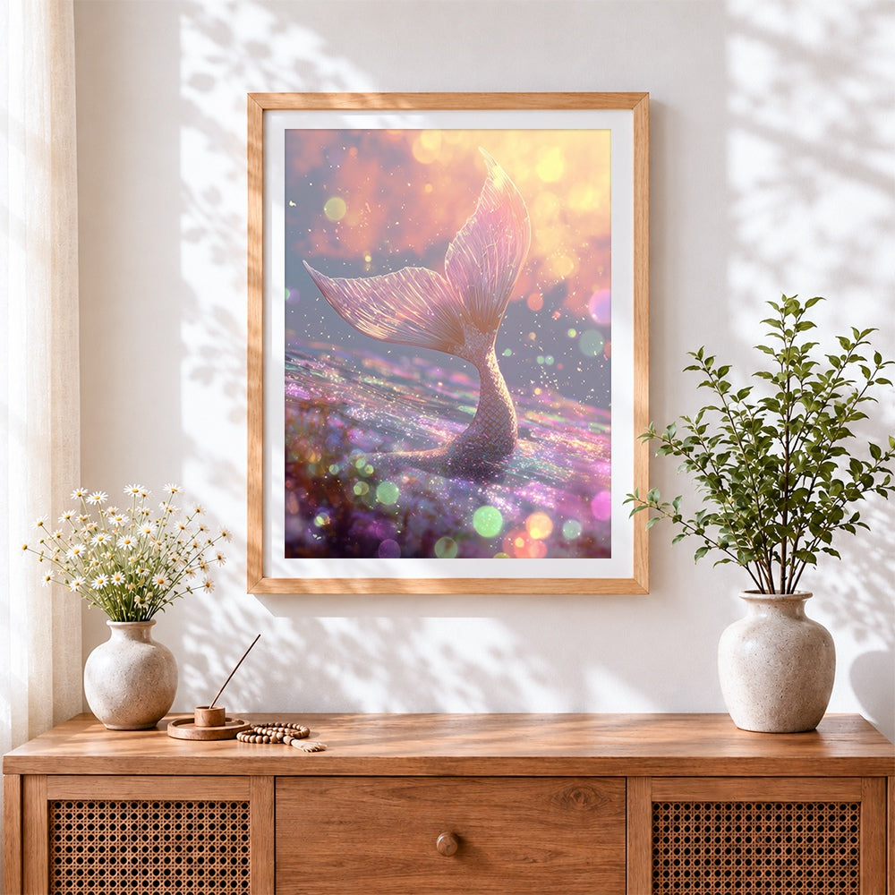 Finished shimmering mermaid tail cross stitch artwork displayed