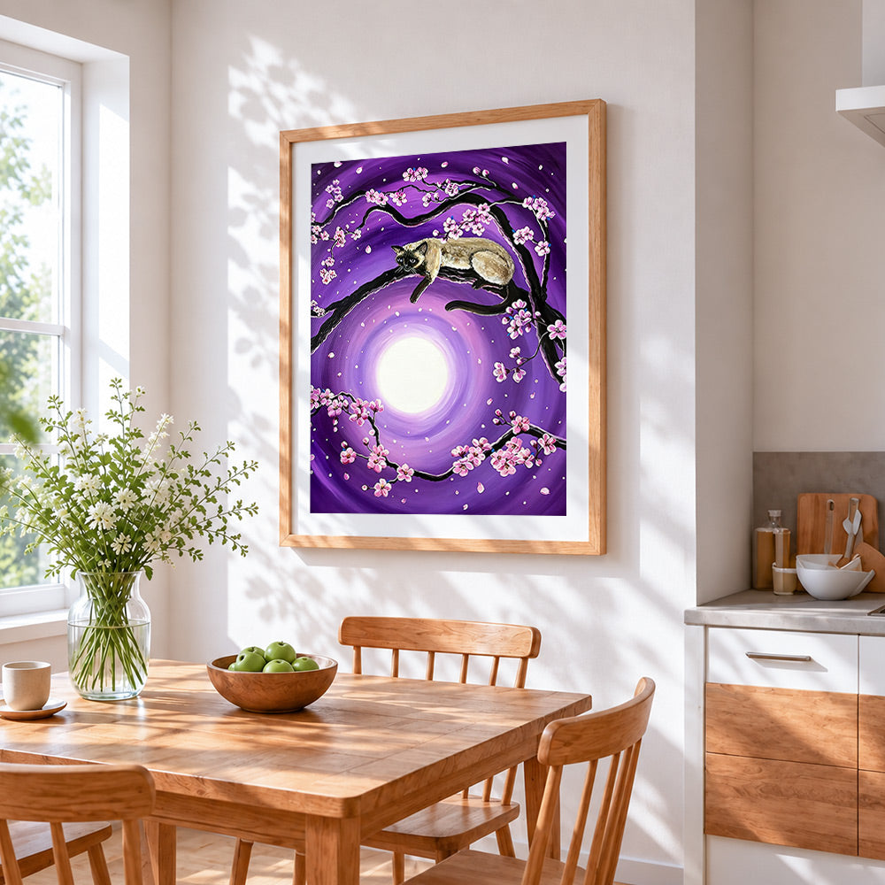 Siamese cat and cherry blossom cross stitch artwork displayed on wall as home decor