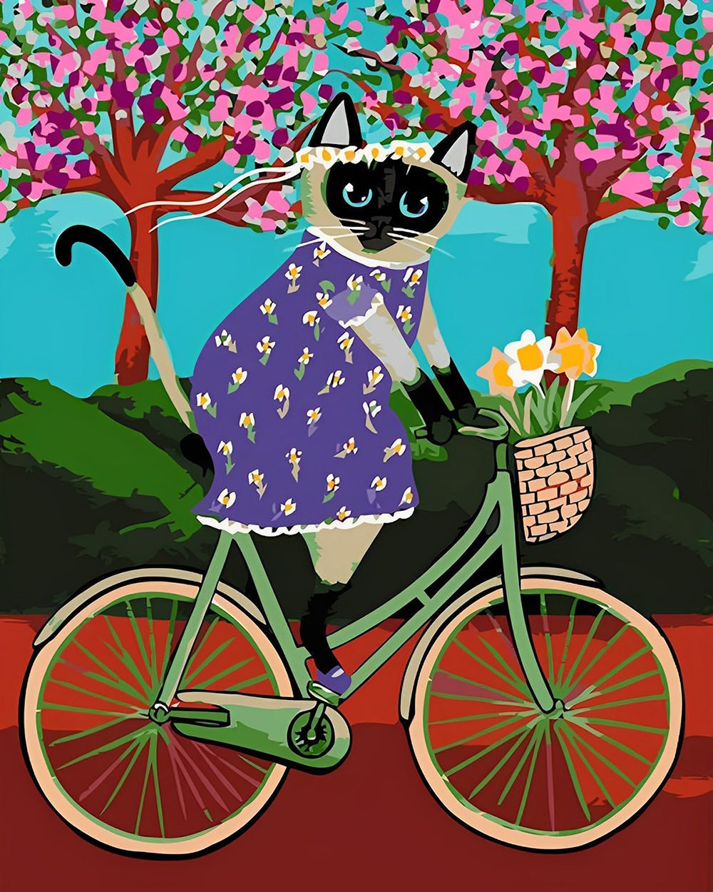 Siamese cat riding a bicycle paint by numbers kit for beginners