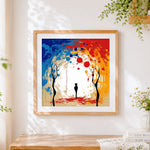 Finished silhouette in a glowing tunnel cross stitch artwork displayed