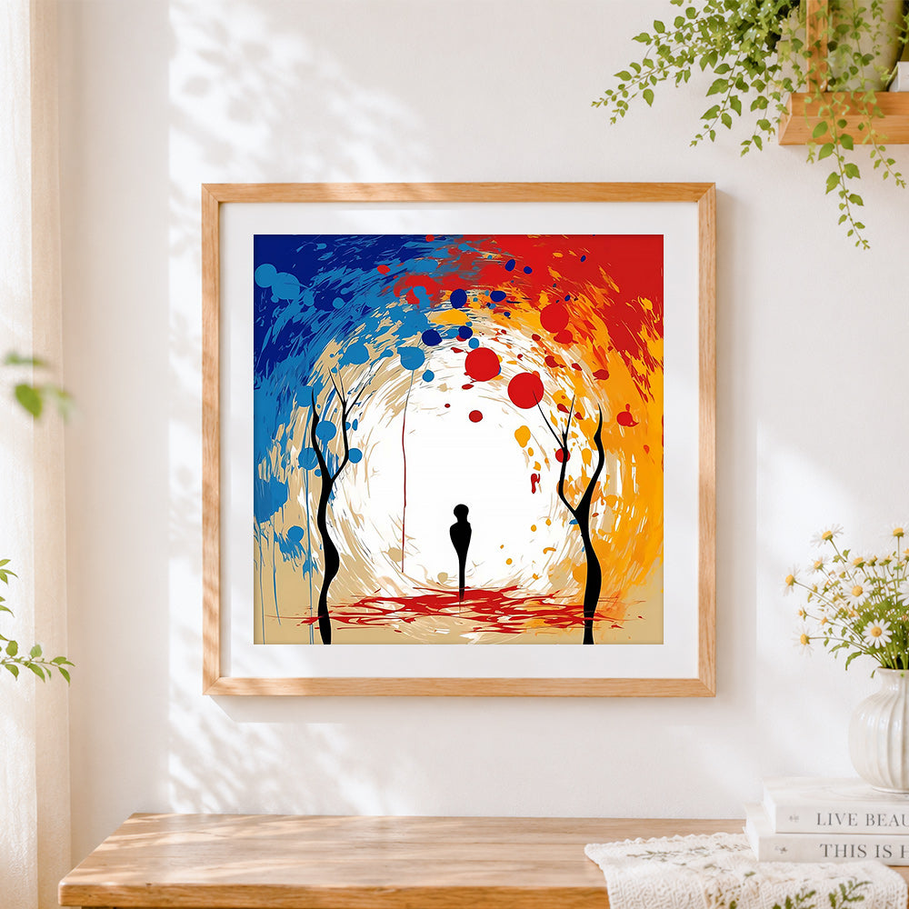Finished silhouette in a glowing tunnel cross stitch artwork displayed
