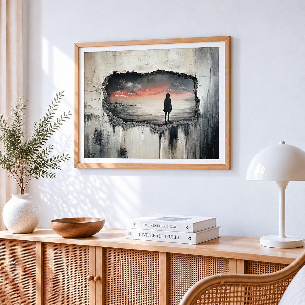 Silhouette in broken wall paint by numbers artwork displayed on wall as home decor