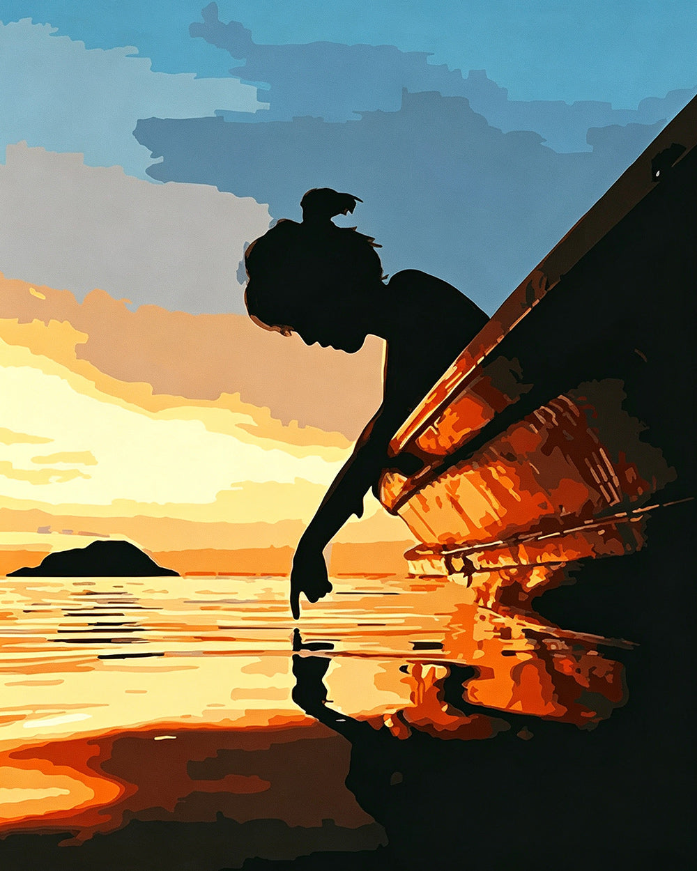Silhouette of a girl by a boat at sunset paint by numbers kit for beginners