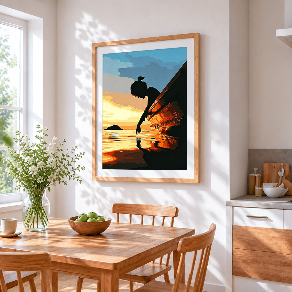 Silhouette of a girl by a boat at sunset paint by numbers artwork displayed on wall as home decor