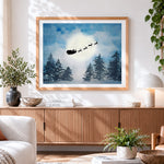Finished silhouette of santa s sleigh flying past the moon cross stitch artwork displayed