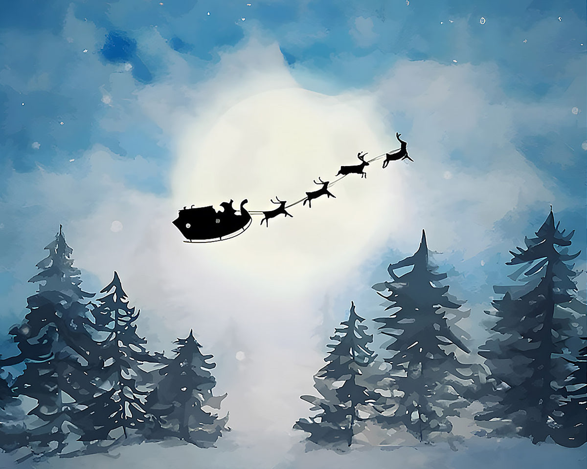 Silhouette of santas sleigh flying past the moon paint by numbers kit for beginners