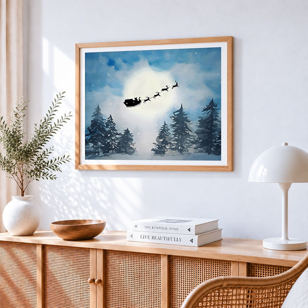 Silhouette of santas sleigh flying past the moon paint by numbers artwork displayed on wall as home decor