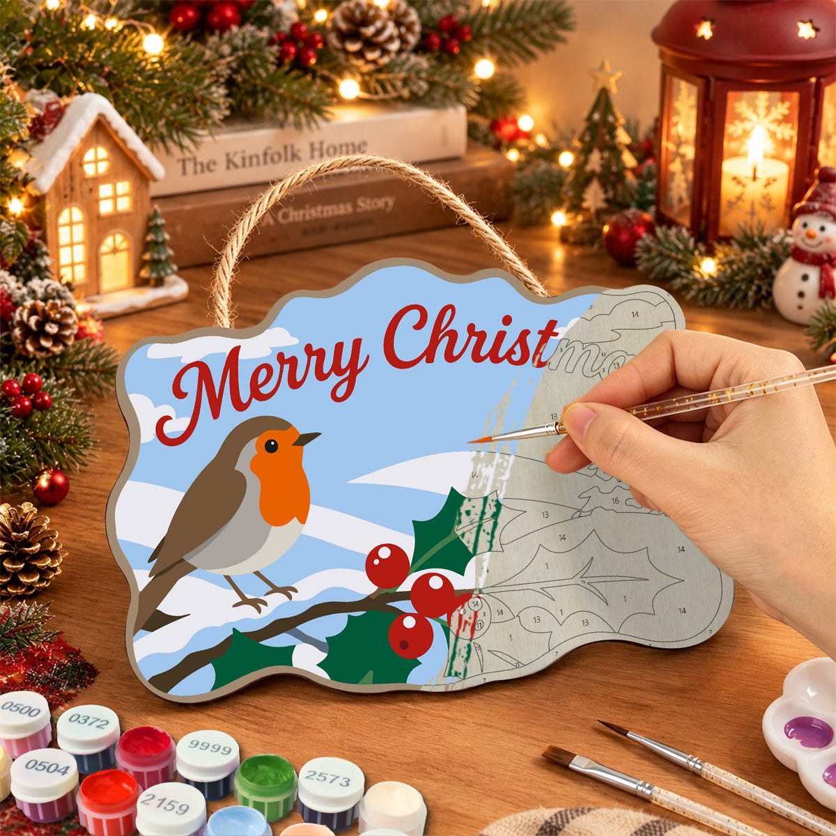 Simple robin christmas paint by numbers door hanger painting process