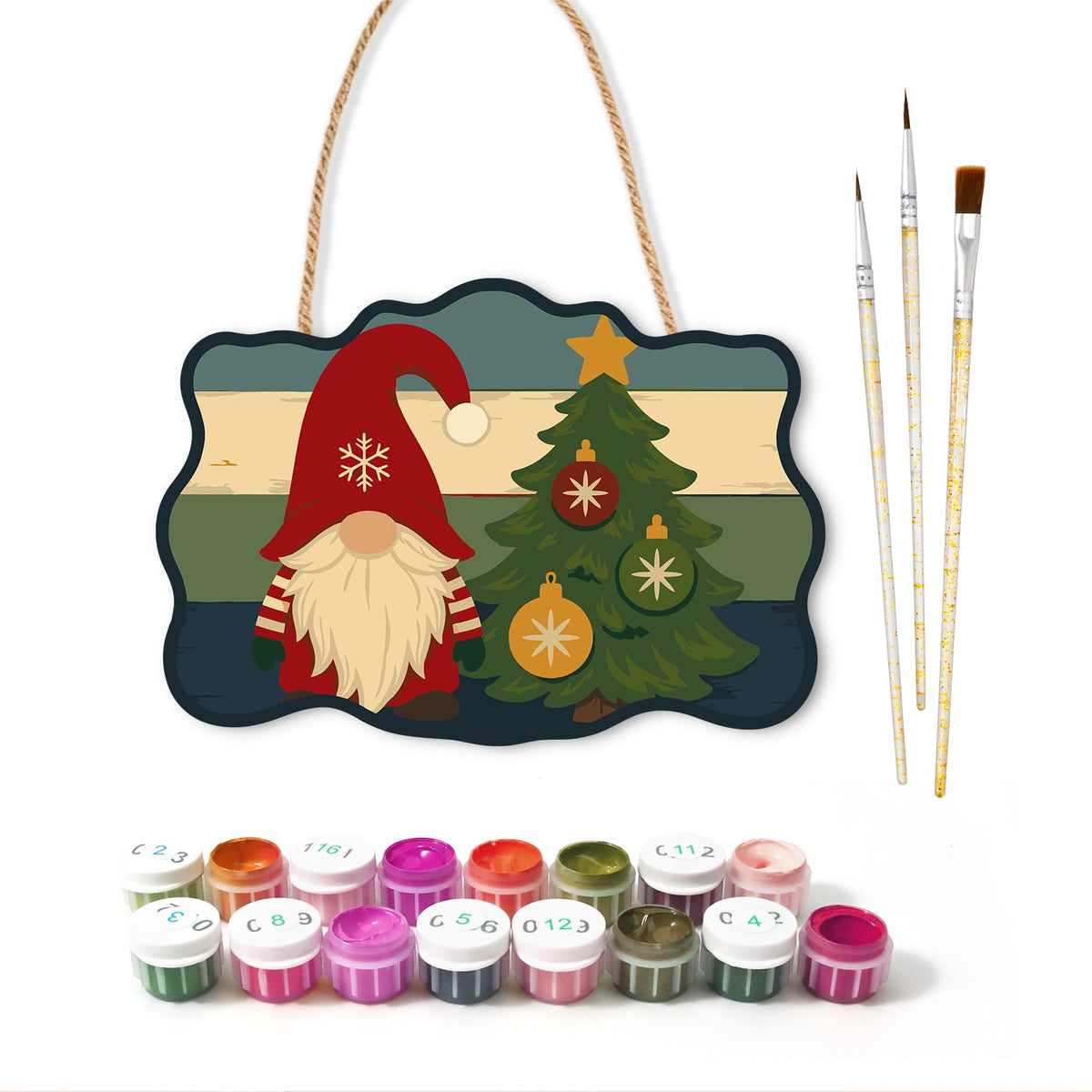 Single gnome and tree paint by numbers door hanger with paints and brushes