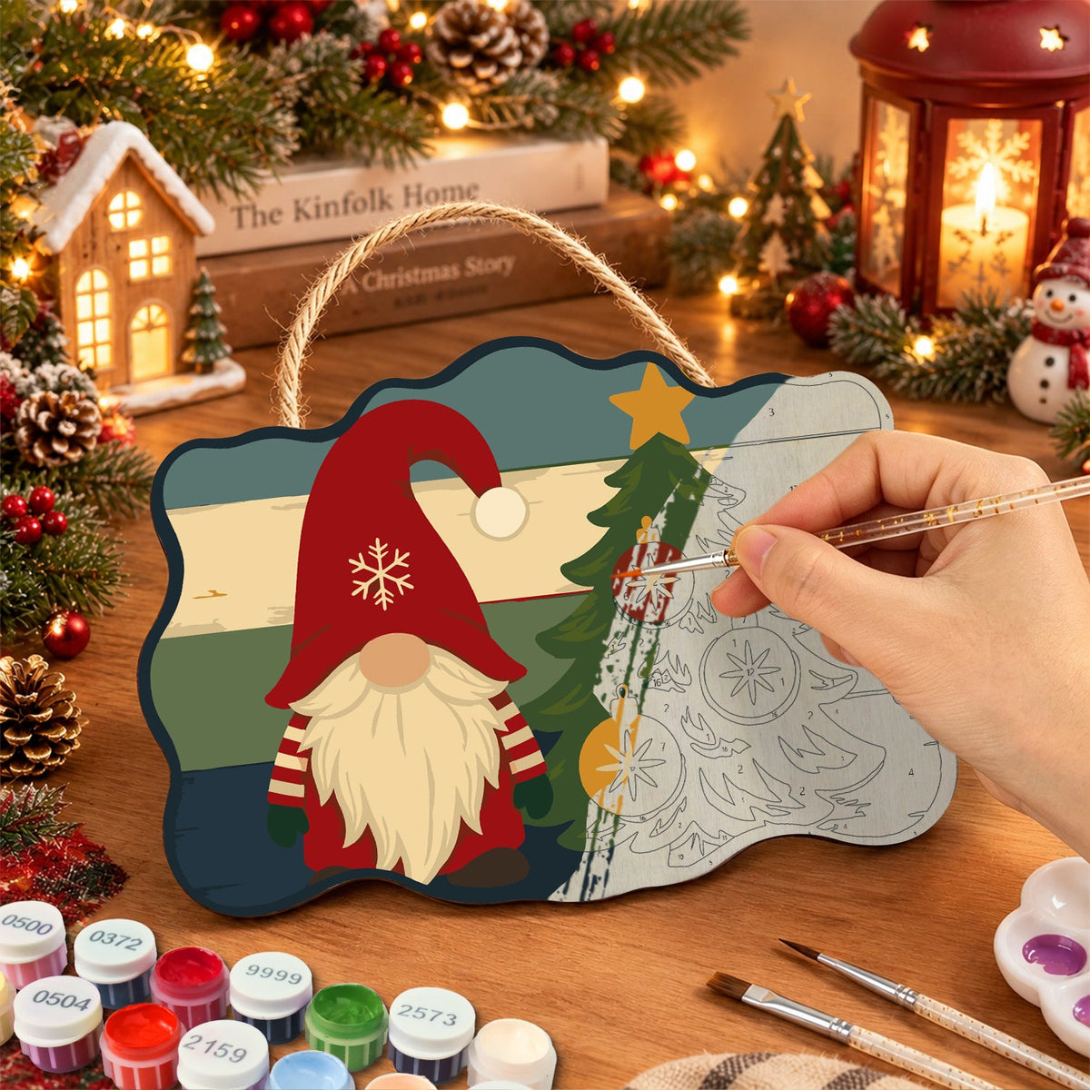 Single gnome and tree paint by numbers door hanger painting process