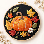 Single pumpkin on black fabric embroidery kit