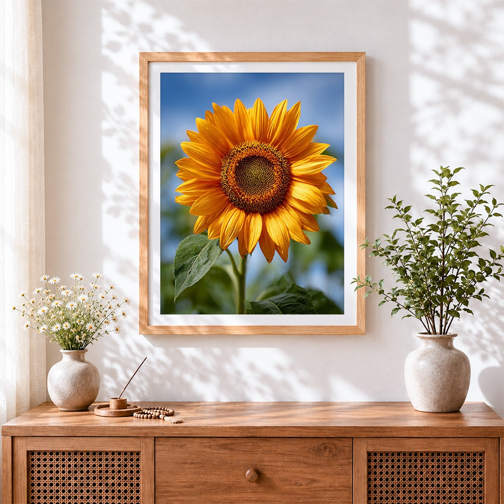 Finished single sunflower against blue sky cross stitch artwork displayed