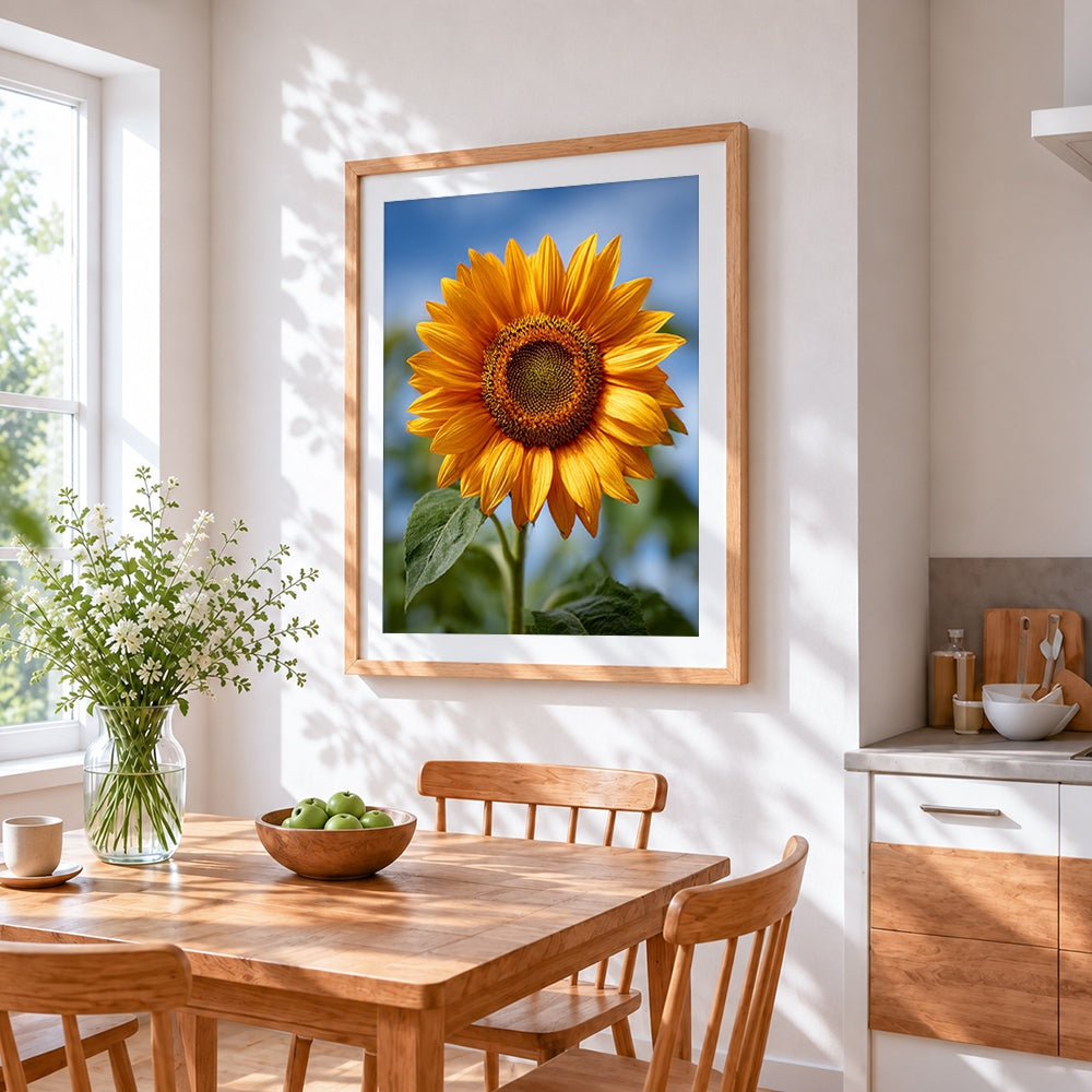 Single sunflower against blue sky cross stitch artwork displayed on wall as home decor