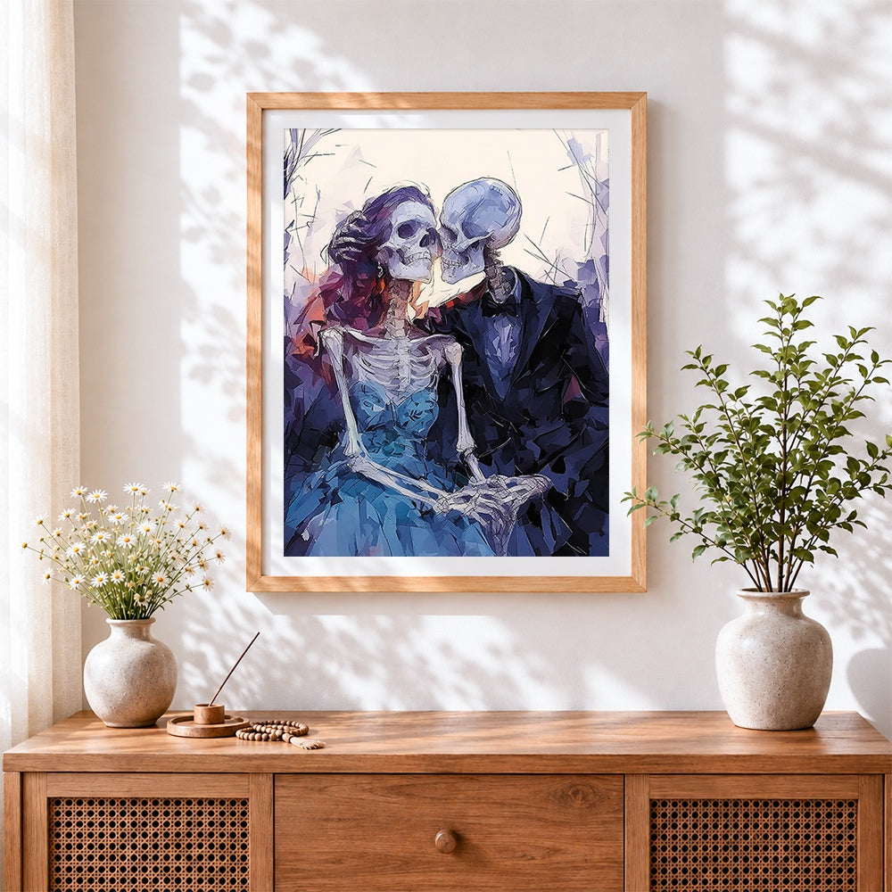 Finished skeleton couple in love cross stitch artwork displayed
