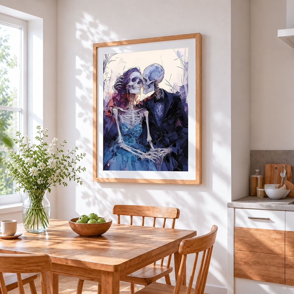 Skeleton couple in love cross stitch artwork displayed on wall as home decor