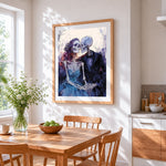 Skeleton couple in love cross stitch artwork displayed on wall as home decor