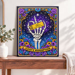 Finished skeleton hand tribute pearl diamond painting artwork displayed as home decor
