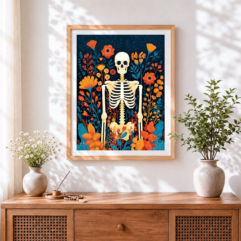 Finished skeleton in a wildflower garden cross stitch artwork displayed