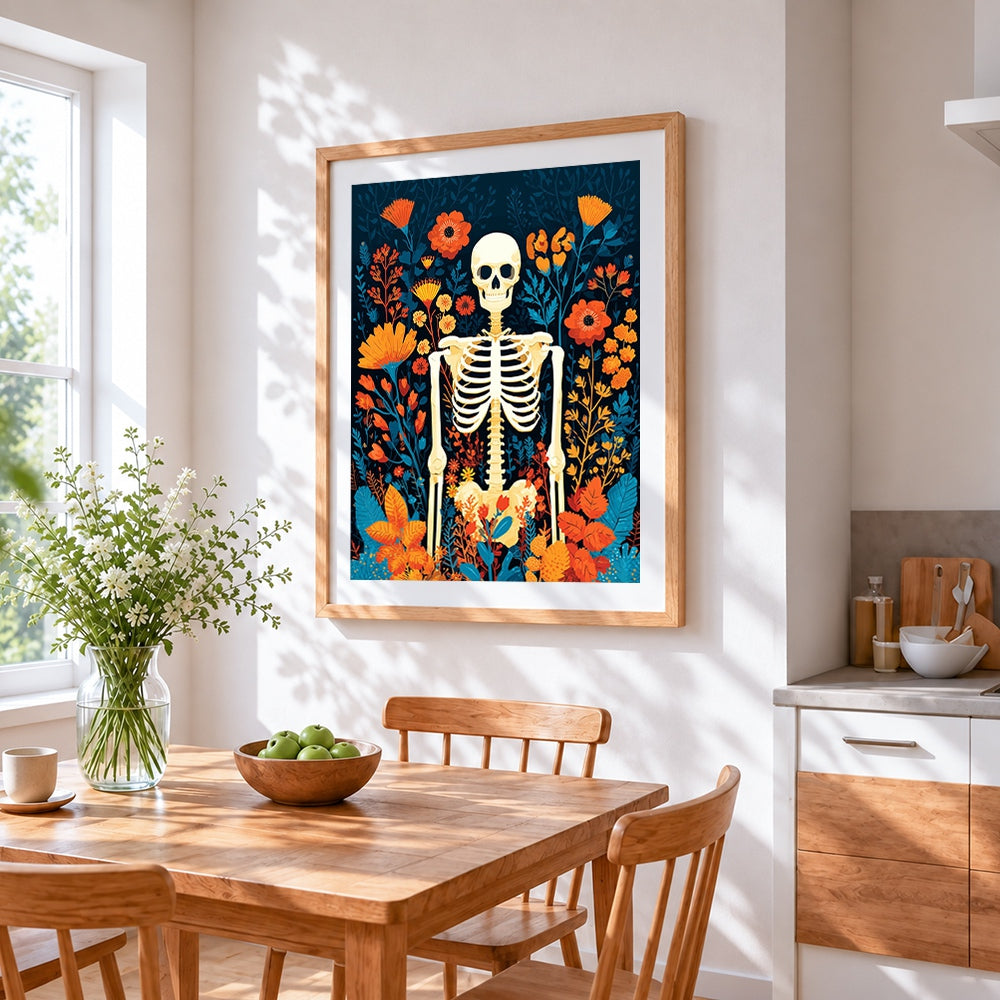 Skeleton in a wildflower garden cross stitch artwork displayed on wall as home decor