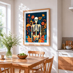 Skeleton in a wildflower garden cross stitch artwork displayed on wall as home decor
