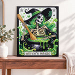 Finished skeleton witch magic pearl diamond painting artwork displayed as home decor