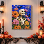 Finished skeleton with colourful blossoms pearl diamond painting artwork displayed as holiday home decor