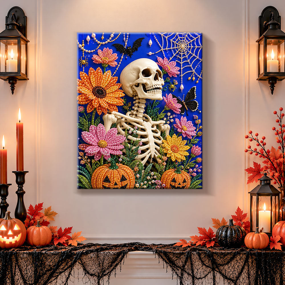 Finished skeleton with colourful blossoms pearl diamond painting artwork displayed as holiday home decor